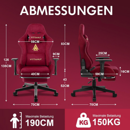 Ergonomic gaming chair with footrest – Suede leather, lumbar support, reclining, height adjustable