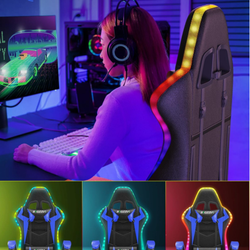 RGB LED Lighting Gaming Chair, Ergonomic Reclining PU Leather Computer Chair, High Back Video Office Chair with Adjustable Lumbar Support