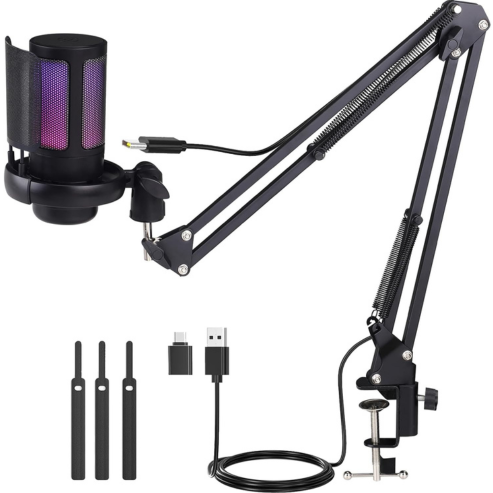 Gaming USB microphone kit with articulated arm for PC, PS4/PS5, gradient RGB condenser microphone, with monitoring jack and mute button