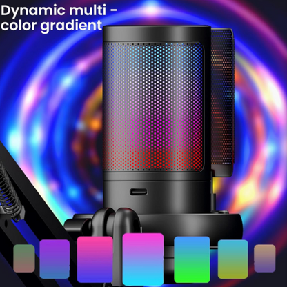 Gaming USB microphone kit with articulated arm for PC, PS4/PS5, gradient RGB condenser microphone, with monitoring jack and mute button