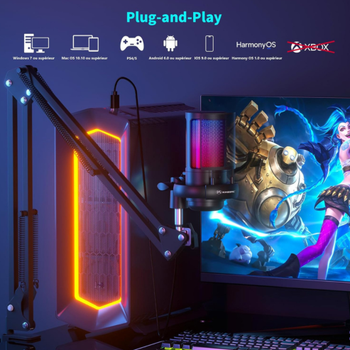 Gaming USB microphone kit with articulated arm for PC, PS4/PS5, gradient RGB condenser microphone, with monitoring jack and mute button