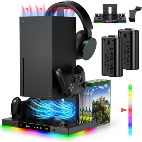 Support de ventilateur de refroidissement et station de chargement pour Xbox Series X, avec éclairage RGB 15 couleurs et ventilateur à 3 vitesses